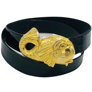 Doreen Ryan RARE Signed 1993 Gold Koi Goldfish Adjustable Black Patent Belt